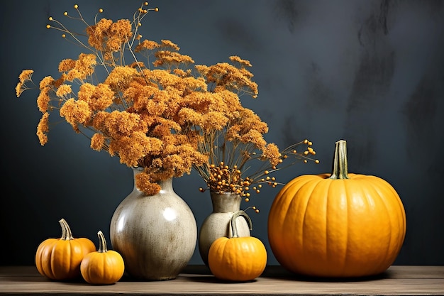 Calabazas y flores naranjas composición otoñal sobre fondo gris copia espacio para texto IA generativa