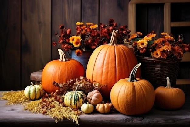 Calabazas y flores sobre fondo de madera IA generativa