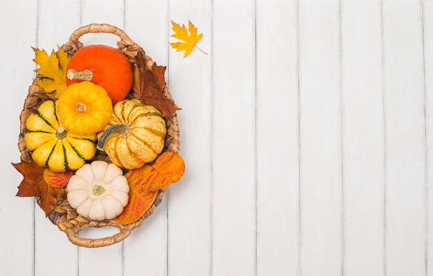 Calabazas de fondo de acción de gracias en la cesta en la vista superior de la mesa blanca de madera