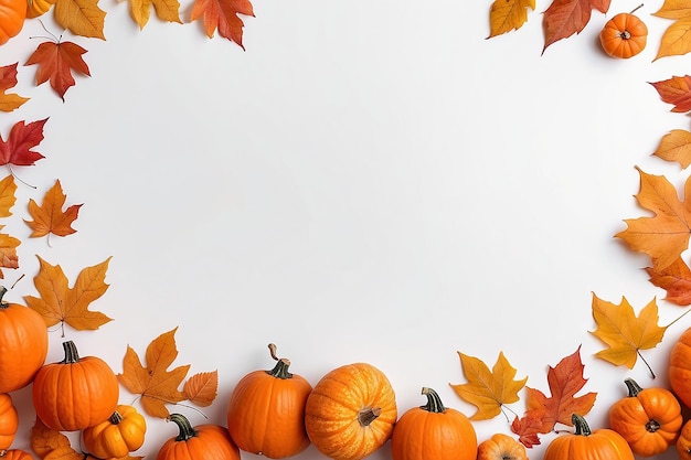 Calabazas en fondo blanco con marco de hojas de otoño