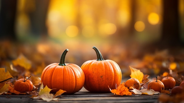 Calabazas en el fondo del bosque de otoño