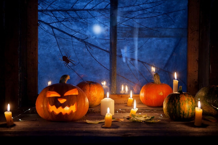 Foto las calabazas de fondo de halloween se paran en una fila en el fondo de una ventana de granero