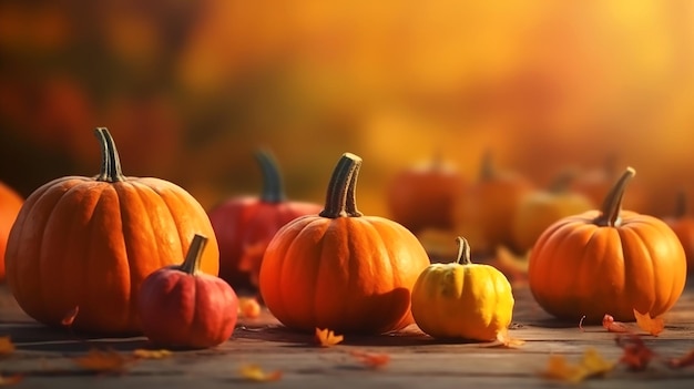 Calabazas en el fondo de la naturaleza desenfocada Banner de acción de gracias para texto IA generativa