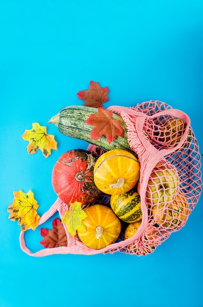 Foto calabazas frescas en bolsa de malla ecológica de compras, hojas de otoño