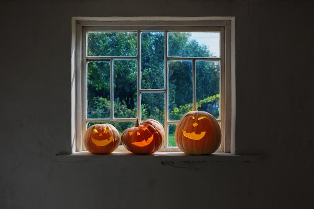 Calabazas de Halloween en el alféizar de la ventana blanca