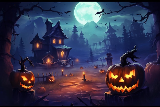 Calabazas de Halloween árboles espeluznantes y casa embrujada con luz de luna sobre fondo oscuro
