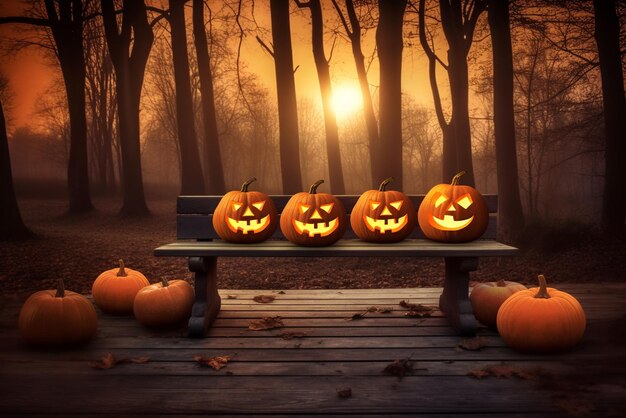 Calabazas de Halloween en un banco en un bosque