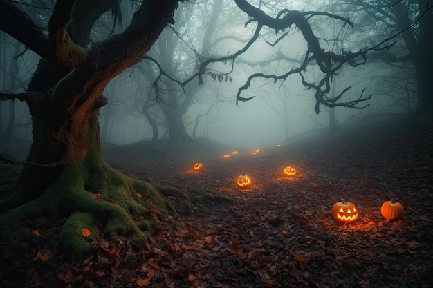 Calabazas de Halloween en el bosque por la noche IA generativa