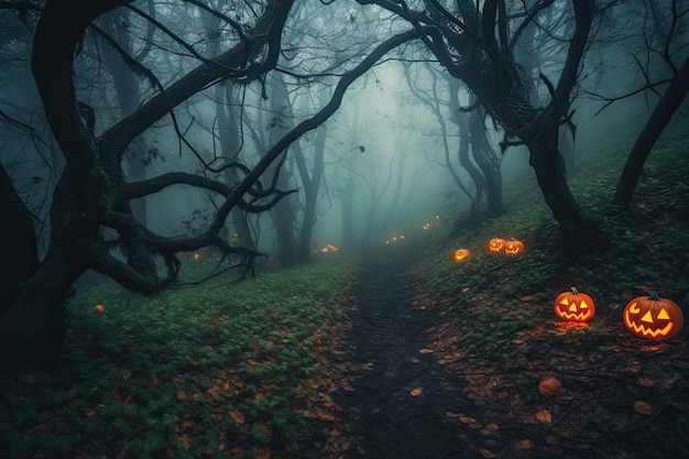 Calabazas de Halloween en el bosque por la noche IA generativa