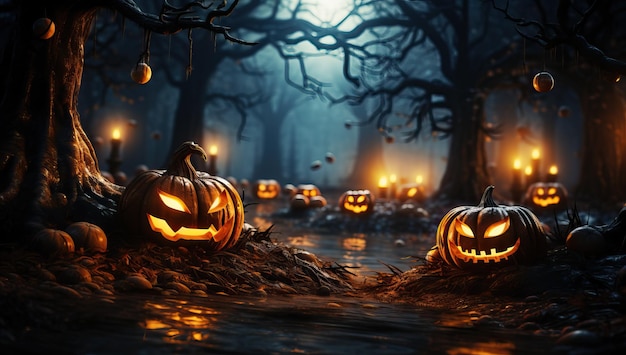 calabazas de halloween en el bosque por la noche