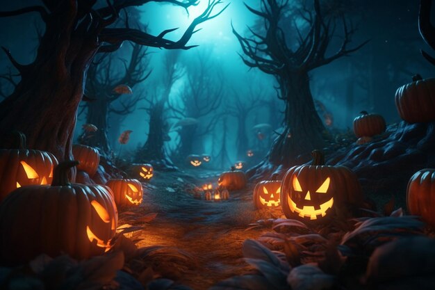 Calabazas de Halloween en un bosque oscuro con un fondo azul