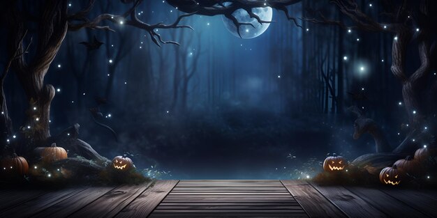 Foto las calabazas de halloween brillantes en el bosque oscuro hd wallpaper