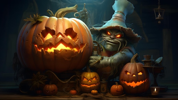 Las calabazas de Halloween y la bruja aterradora en el fondo oscuro El concepto de Halloween