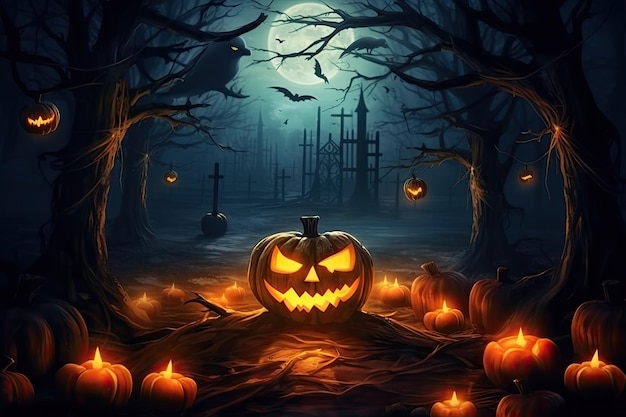 Calabazas de Halloween y bruja con escoba en la noche de Halloween