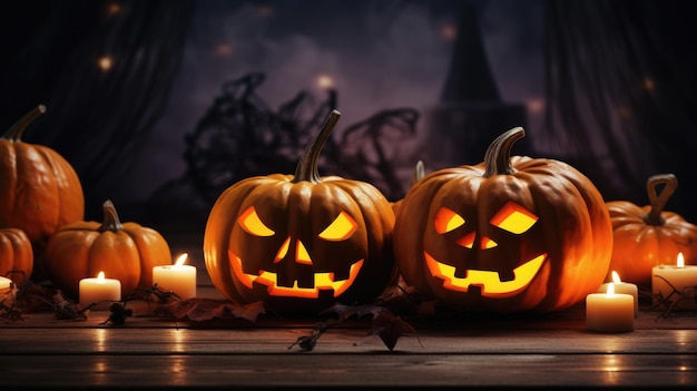 Calabazas de Halloween cabezas jack linterna sobre fondo espeluznante