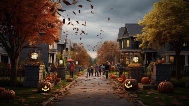 calabazas de halloween en una calle con una casa al fondo.
