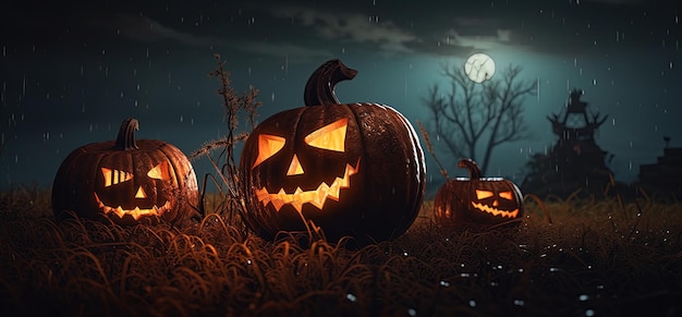 Calabazas de Halloween en un campo con luna llena al fondo