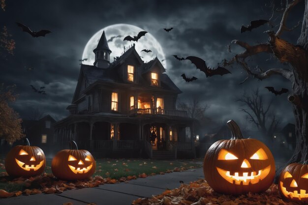 Foto calabazas de halloween con caras aterradoras en el fondo del cielo oscuro concepto de halloween generado por ia