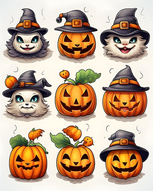 Calabazas de Halloween con caras graciosas y sombrero de bruja Ilustración vectorial