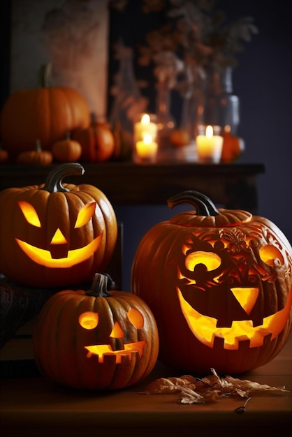 Calabazas de Halloween con caras en una mesa