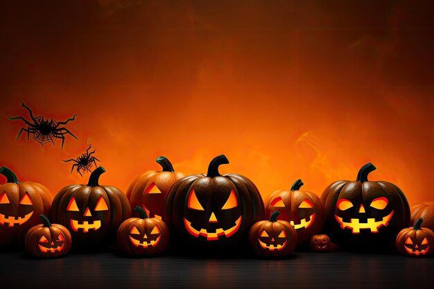 Calabazas de Halloween con caras de miedo sobre fondo de fuego Ilustración vectorial