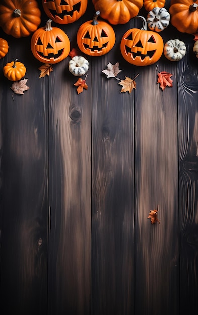 Las calabazas de Halloween con caras talladas en una mesa de madera