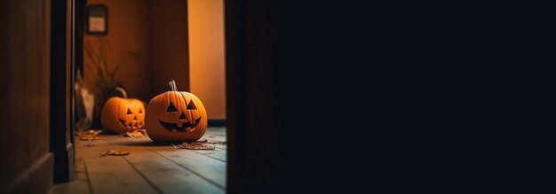 Foto las calabazas de halloween en una casa vacía espeluznante fondo oscuro y misterioso modelo de pancarta de encabezado con