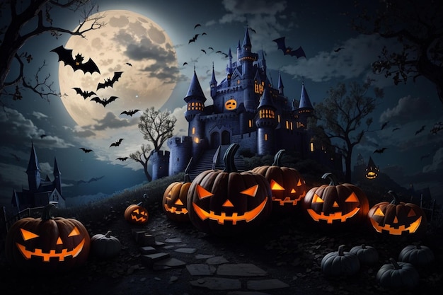 Las calabazas de Halloween y el castillo espeluznante en la noche de luna llena y murciélagos volando