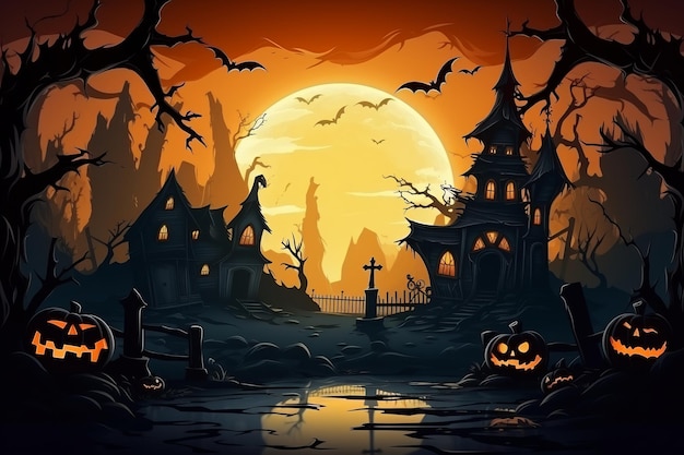 Calabazas de Halloween y castillo espeluznante en la noche de luna llena
