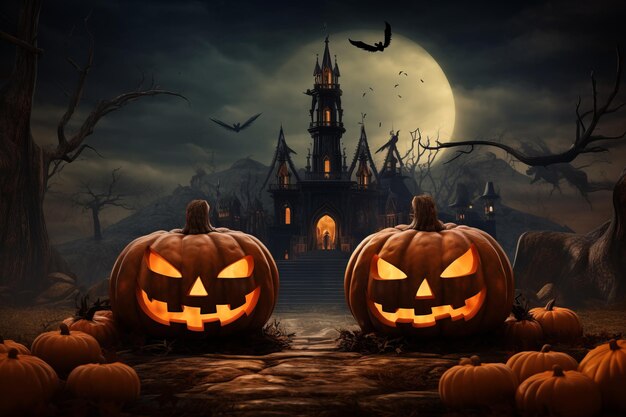 Calabazas de Halloween y castillo espeluznante en la noche de luna llena