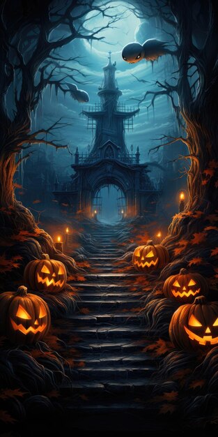 Las calabazas de Halloween y el castillo oscuro en el fondo de la luna azul Ilustración de AI generativa