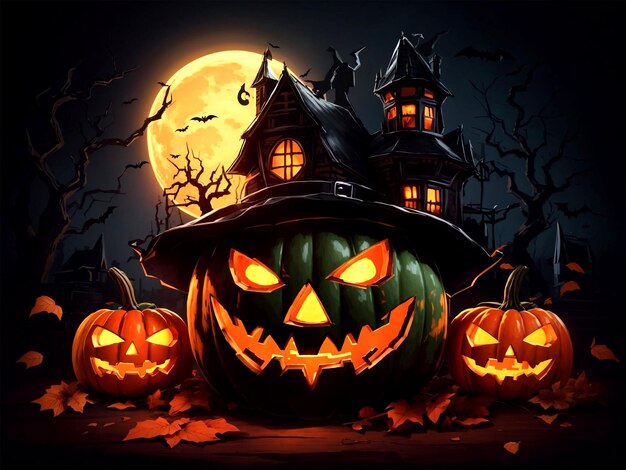 Calabazas de Halloween y castillo oscuro en la ilustración de fondo de la luna azul
