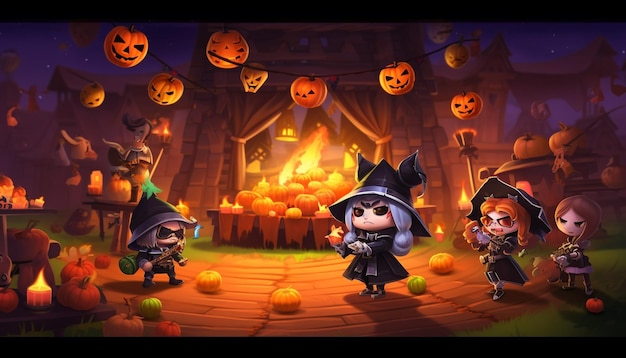 Calabazas de Halloween y castillo oscuro en la ilustración de fondo de la Luna azul