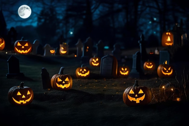 Calabazas de Halloween en un cementerio con un cielo azul en el fondo.