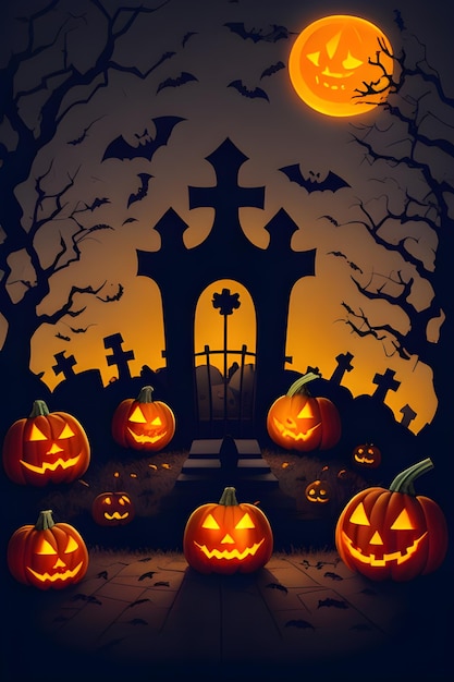 Calabazas de Halloween en un cementerio con una cruz en la parte superior