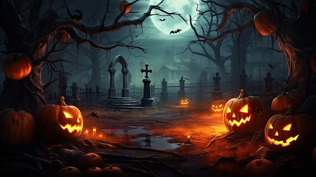 calabazas de Halloween en un cementerio con una luna llena detrás de ellos.
