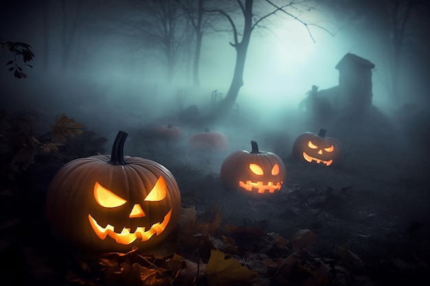Calabazas de Halloween en un cementerio a la luz de la luna Jack O Lanterns en un cementerio en una noche brumosa