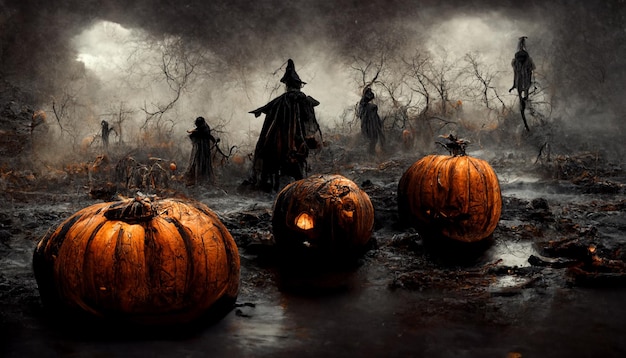 Calabazas de Halloween en el cementerio de miedo. ilustración realista del festival de halloween.