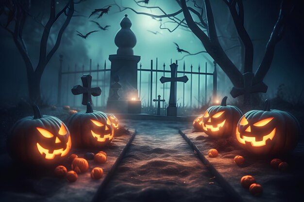 Calabazas de halloween en el cementerio en la noche espeluznante concepto de fondo de halloween ai generativo