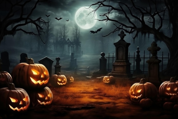 calabazas de Halloween cerca de un árbol en un cementerio con una casa aterradora fondo de Halloween en el bosque de la noche con la luna y murciélagos