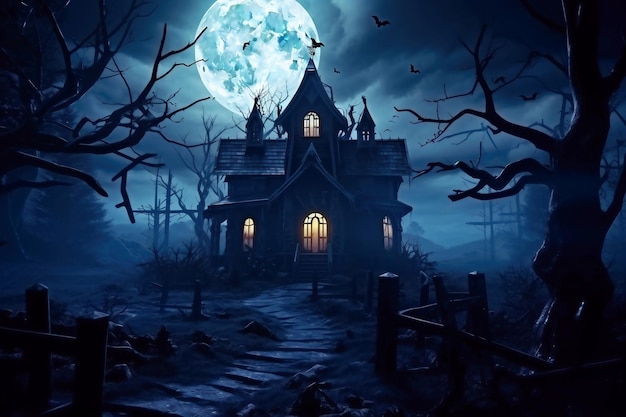 Calabazas de Halloween cerca de un árbol en un cementerio con una casa aterradora Fondo de Halloween en el bosque nocturno con luna y murciélagos