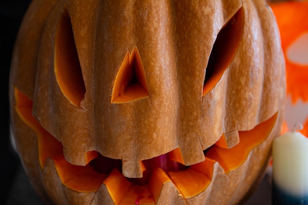 Las calabazas de Halloween de cerca hermosas fotos de textura de calabazas preparadas para Halloween