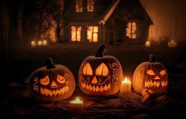 Calabazas de Halloween en el césped por la noche frente a la mansión Generate Ai