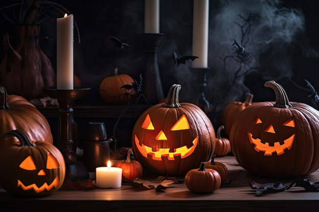 Calabazas de Halloween en un cuarto oscuro con velas y murciélagos