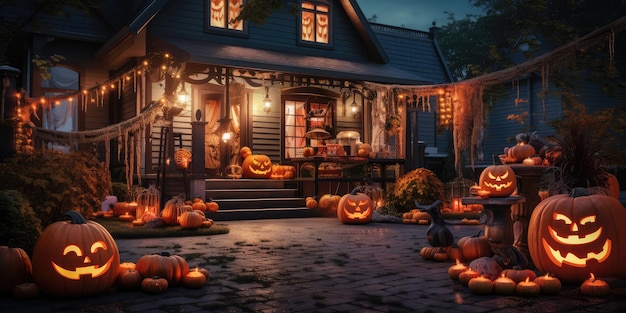 Calabazas de Halloween y decoraciones fuera de una casa