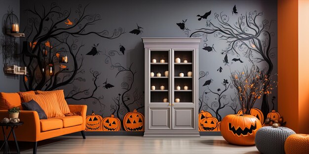 Foto las calabazas de halloween están en la pared de una habitación