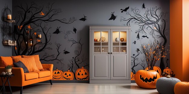 Foto las calabazas de halloween están en la pared y la puerta está abierta.