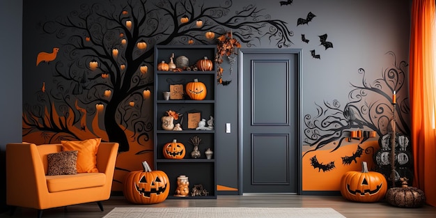 Foto calabazas de halloween en un estante en una habitación con murciélagos y murciélagas