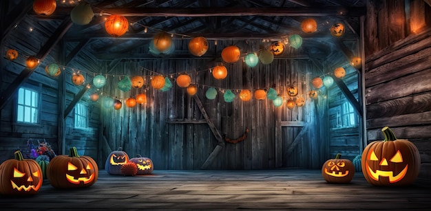 Calabazas de Halloween en el fondo de la linterna con espacio de copia para información de texto Generado por AI