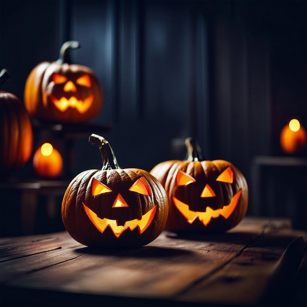 Calabazas de Halloween en el fondo de la mesa de madera